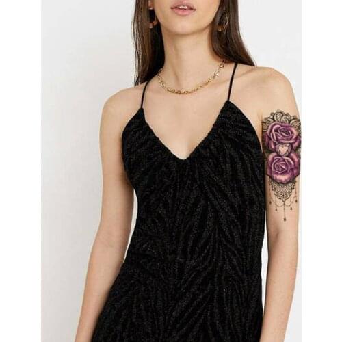 Watercolor Purple Rose Temporary Tattoo Stickers Black Lace Jewelry Necklace Fake Tattoos Waterproof Tatoos Arm Large Size Women