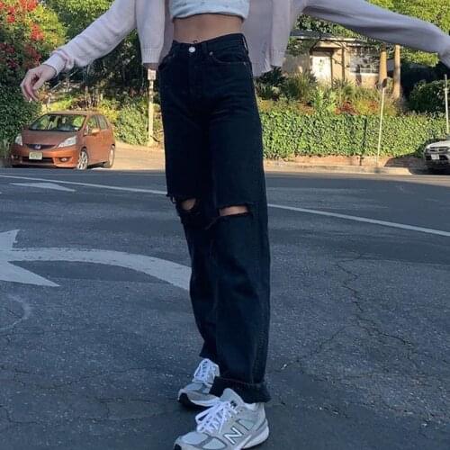 B-TOTO European And American Fashion Brand Black Ripped Jeans Womens Straight Loose High Waist Retro Fried Street 2021 Fashion