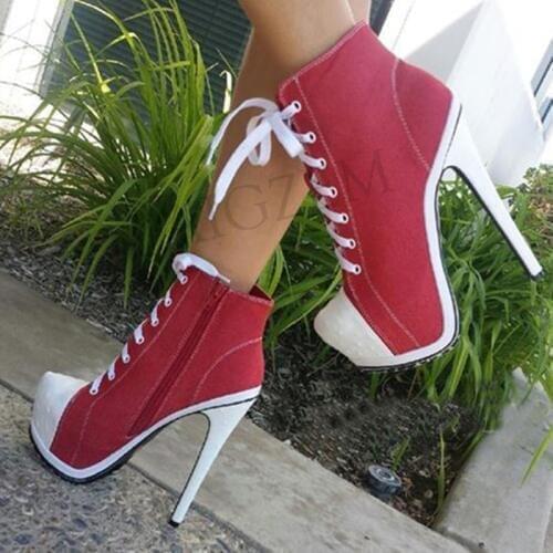 LAIGZEM Canvas Botines Mujer Women Platform Booties High Heel Side Zip Short Ankle Boots Shoes Woman Ladies Large Size 34-52