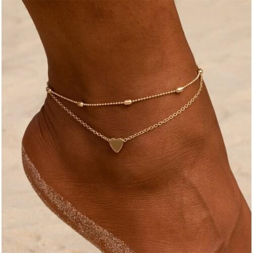 Fashion Trend Summer Cool Beach New Round Bead Chain Love Peach Heart Heart-shaped Anklet Foot Decoration Double-layer Anklet