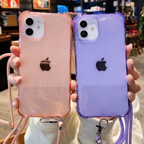 Necklace Lanyards Phone Case For iPhone 11 12 Pro Max X XS XS Max XR 7 8 Plus 12 Candy Color Clear Strap Cord Chain Tape Cover