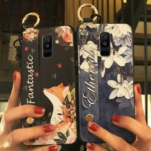 Lanyard Phone Case For Samsung A6Plus Flower Series Delicate TPU Holder Phone Shockproof Painted Silicone Cover