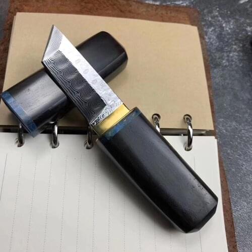 Black Damascus steel straight blade, Japanese ebony hilt outdoor hunting tactics straight blade with scabbard