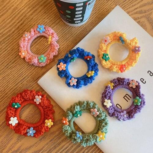 Winter Children Cute Colors Knitting Scrunchies Rubebr Bands Kids Soft Acrylic Flower Elastic Hair Bands Kids Hair Accessories