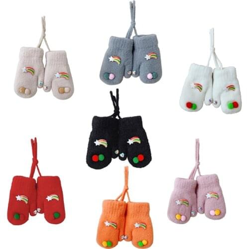 Baby Kids Winter Knit Gloves Cartoon Rainbow Star Thick Plush Lined Warm Mittens X7JB