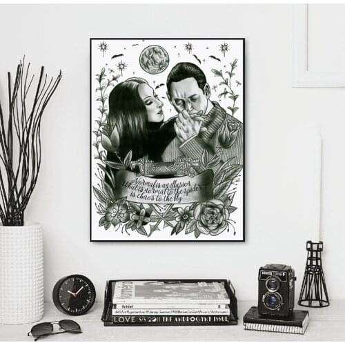 Addams Family Quote Art Print Black White Vintage Poster Morticia & Gomez Tattoo illustration Canvas Painting Wall Picture Decor