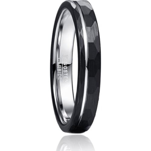 Tungsten Carbide Ring Hammered Finish Grooved Black Wedding Band for Men Women Comfort Fit Rings Engagement Jewelry
