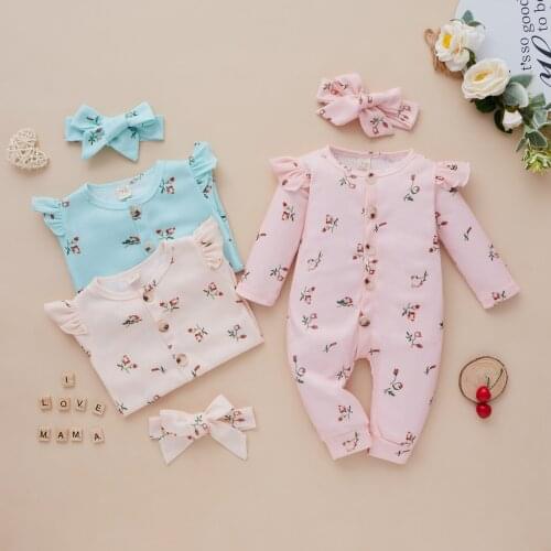FOCUSNORM 0-18M Newborn Baby Girls Boys Jumpsuit Headband 2pcs Flowers Printed Long Sleeve Single Breasted Romper