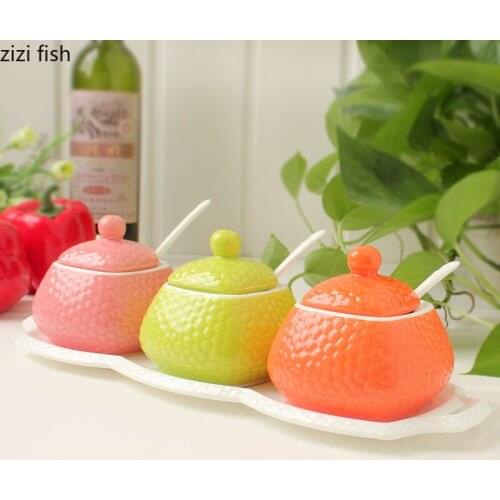 Creative Apple Ceramic Seasoning Jar Three Cans Set Plus Tray Ceramic Salt Sugar Bowl Box Set Kitchen Supplies Moisture-proof