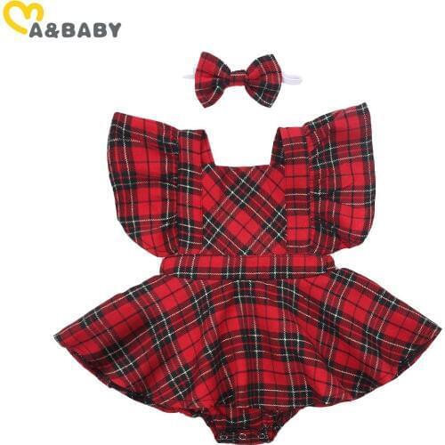Ma&Baby 0-24M Christmas Baby Girls Red Romper Newborn Infant Baby Girl Ruffles Plaid Jumpsuit Xmas Party Baby Costumes