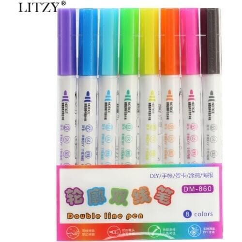 8 Colors Metallic Double Lines Art Markers Out Line Pen Stationery Art Drawing Pens for Calligraphy Lettering Color Scrapbooking