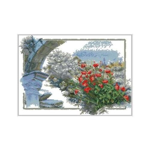 Red poppy beside the ruins of 14-ZR (3) Needlework,For Embroidery,DIY 14CT Unprinted Arts Cross stitch kits Set Cross-Stitching
