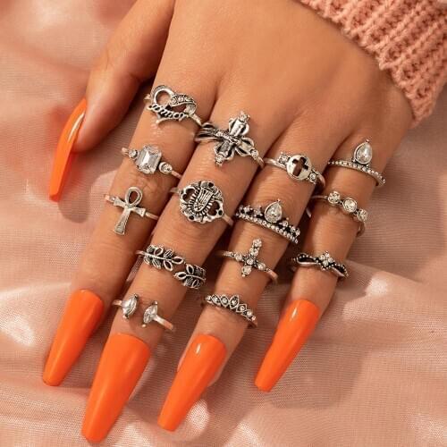 Docona Bohemia Love Heart Tree Leaf Rings Set for Women Punk Cross Crystal Midi Knuckle Rings Jewelry Anillos 14pcs 10088