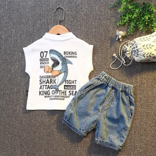 New Boys Suit Clothes Summer Baby Short-Sleeve Shark Shirt + Soft Denim Shorts 2PCS Animal Costume For Kids Clothes