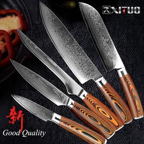 XITUO Kitchen Knive 1-5Pcs Knife Set Vg 10 Damascus Steel Kitchen Meat Cleaver Chef Santoku Utility knives Color wood handle F