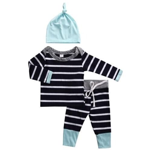 Autumn Baby Girls Boy Stripe Tshirt+Long Pants+Hat Casual Outfits Toddler Kid 3Pcs Clothing Set