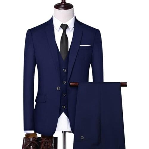 Jacket+Vest+Pants ) Korean Slim Solid Color One Button Suit 3 Pieces Work Clothes Set Business Casual Formal Elegant Man Suit