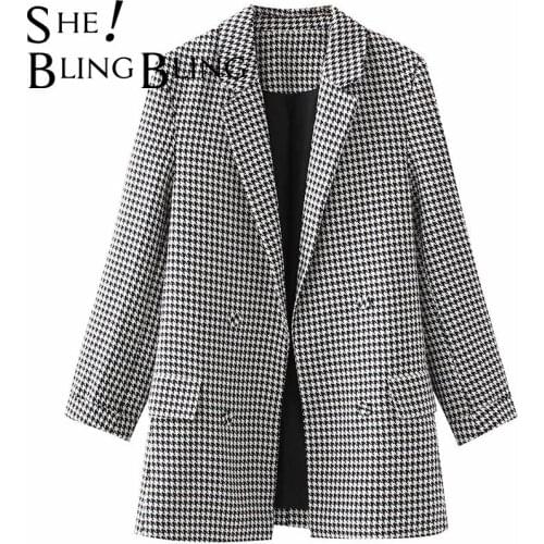 SheBlingBling Za 2021 Tra Autumn Fashion Houndstooth Blazers Notched Collar Double Breasted Women Casual Female Jackets