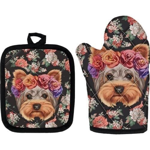 Cute Yorkshire Pug Dog Prints Kitchen Cooking Cotton Microwave Oven Gloves Mitts Pot Pad Heat Proof Protected Gloves Set Of 2