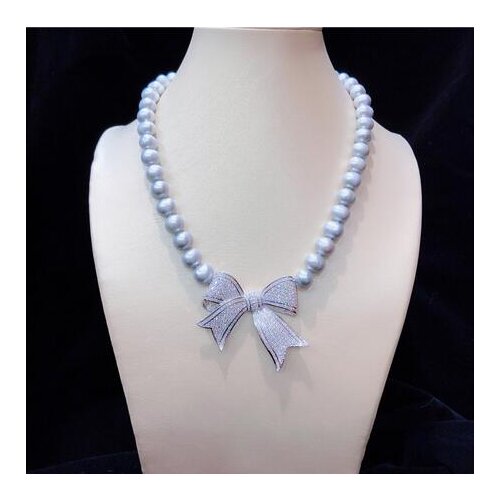 Hand knotted natural 9-10mm nearl round fresh water gray pearl temperament micro inlay zircon bowknot necklace fashion jewelry