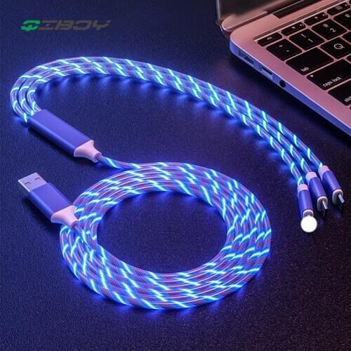 3 In 1 Glowing USB Cable Flow Luminous Micro USB Type-C Cable For Xiaomi 9 Sansung S8 Smartphone Led Lighting Charging Cord Wire