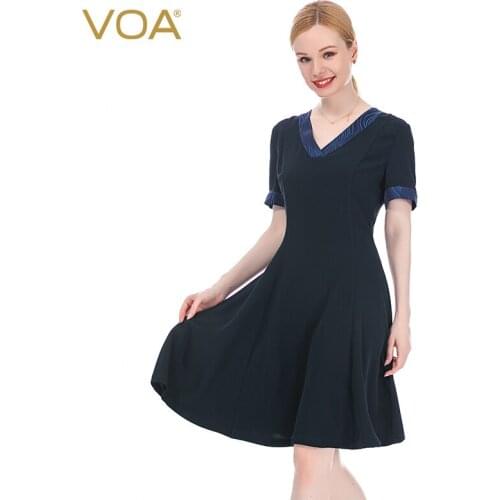 VOA 36mm Silk Navy Color Heavy V-neck Printed Mix Material Stitching High Waist Trim Body Short-Sleeve Dress A78