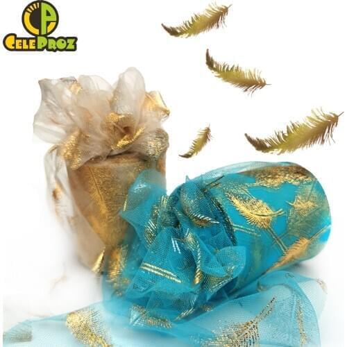 7.5cm 25yards Golden Feather Tulle Gilded Mesh Fabric DIY Sewing Crafts Hair Clip Pom Bowknot Baking Cake Topper Material Supply