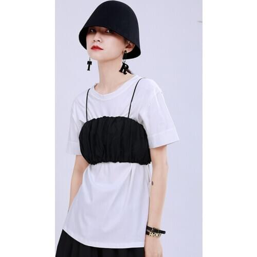 Short Sleeve T Shirt Women Ins Fashion Womens 2020 Summer Bubble Wrap Around Strap Two Piece Midi Round Neckline