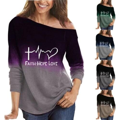 Faith Hope Love Printed Casual Top T-Shirts Women Blouse Pullover Basic Top_