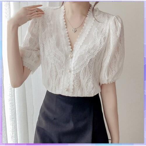 Plus Size Sexy Womens Chiffon T-shirt Lace V-neck Tee Shirts Female Summer White Top French Thin Tops Short Sleeve Tshirt