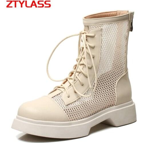 2021 New Summer Sexy Hollow Mesh Boots Women Fashion Zipper Cross Tied Ankle Boots Comfort Low Heel Round Toe Shoes Woman