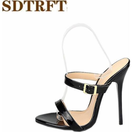 SDTRFT Stiletto Plus:46 47 48 49 50 Summer E+ width sandals 130mm thin heels sexy Open toe slides women Patent Leather shoes
