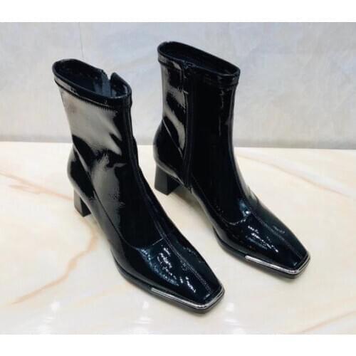 Moraima Snc Black Patent Leather High Heel Boots Square Toe Thick Heels Woman Ankle Boots Runway Motorcycle Riding Boots