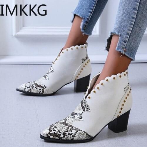 Women Rivet Boots Female Autumn Winter PU Ankle Boots Pointed Toe square Heel Woman Booties Snake Shoes