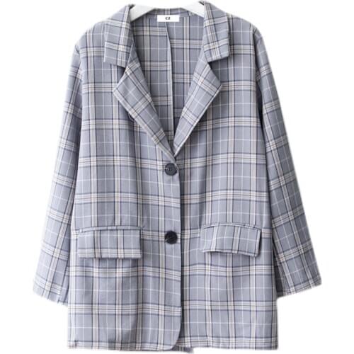 2021 Spring Single Breasted Women Korean Plaid Blazer Long Sleeve Notched Casual Women Blazers And Jackets Oversized Clothes
