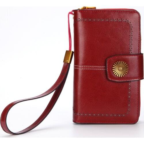 Womens Wallet Oil Wax Leather Long Zipper Clutch Purse Female Luxury Multi-Function Phone Bags ID Card Holder Coin Purse