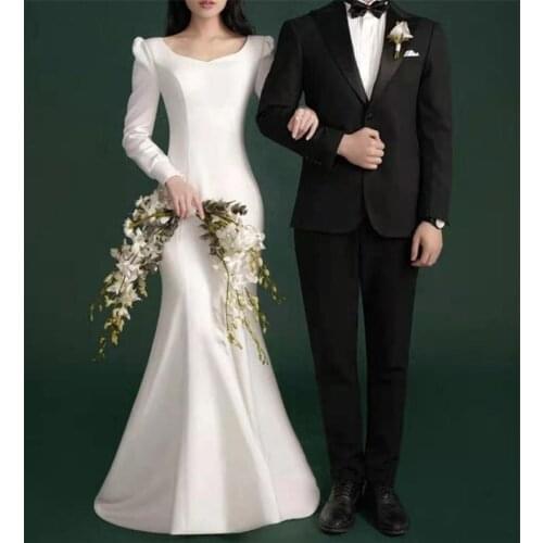 Soft Satin V-Neck Wedding Dress Long Sleeve Mermaid Bride Dresses Women Simple White Wedding Gown Vestido De Noiva Custom Made