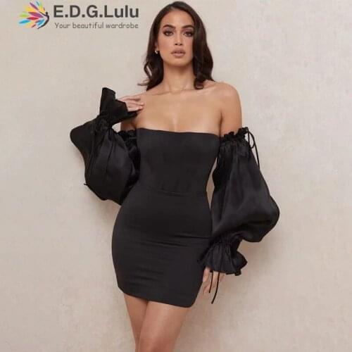 EDGLuLu White Sexy V-neck Off Shoulder Long Sleeve Womens Dresses New Arrival 2021 Party Elegant Bodycon Mini Black Dress