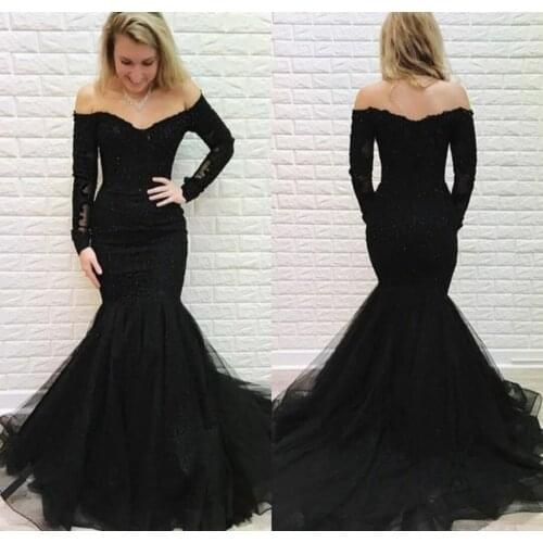 Vintage V-Neck Long Sleeve Mermaid Evening Dresses Lace Black Floor Length Zipper Abendkleider Formal Party Dress for Women