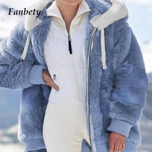 Winter Warm Hooded Women Fashion Coat New Color Contrast Patchwork Plush Furry Jacket Casual Zipper Long Sleeve Pocket Outerwear