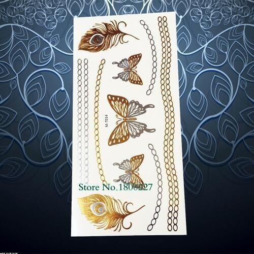 1PC New Style Gole Metallic Tattoo Peacock Feather Butterfly Chains Design Waterproof Temporary Tattoo Sticker Women Henna PMT14