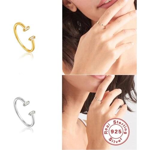 GS 925 Sterling Silver Opening Adjustable Rectangle Zircon Crystal Minimalist Finger Rings for Women Girl Party Office Jewelry