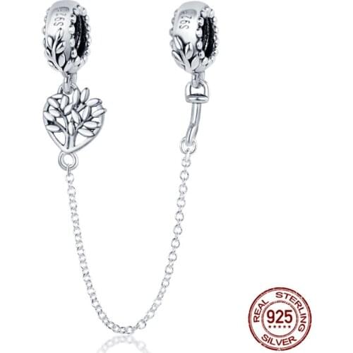 2021New S925 Sterling Silver Heart-shaped Tree Safety Chain Fit Original 3mm Bracelet&Bangle Making Fashion DIY Jewelry For Wome