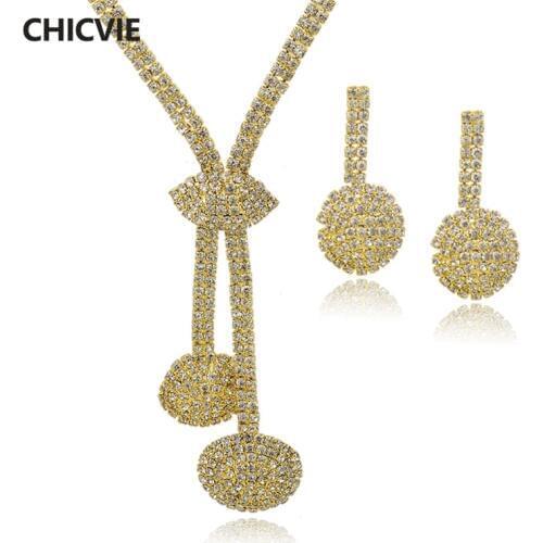 CHICVIE Indian Crystal Ethnic Jewelry Sets for Women Gold Color Big Chunky Long Necklace Earring Sets Supernatural Gifts