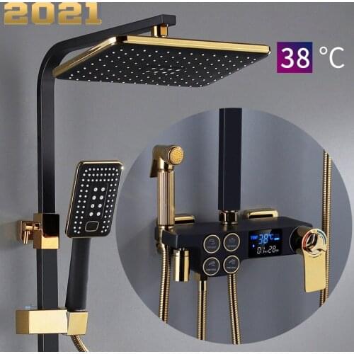 Digital Shower Set Luxury Black Gold Thermostatic Shower System Rainfall Spa Shower Head Brass Bathtub Faucet Digital Shower Set