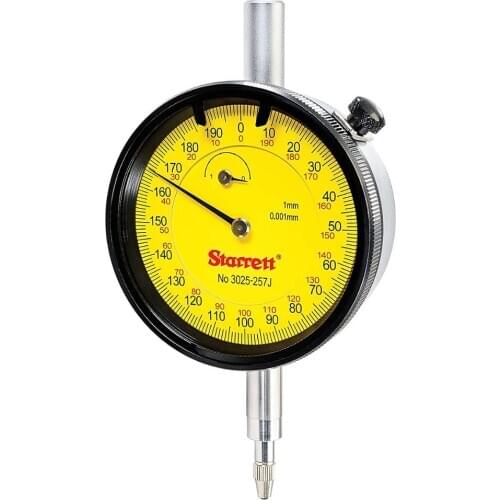 STARRETT 3025-257J Dial Indicator, 0.001mm Grads, 1.0mm Range, 8mm Stem Diameter