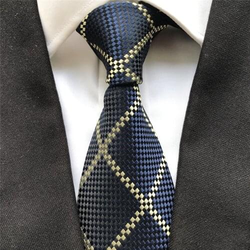 10 cm Width Classic Mens Ties Jacquard Woven Neck Tie Gravatas Navy Blue with Yellow Plaids Neckties