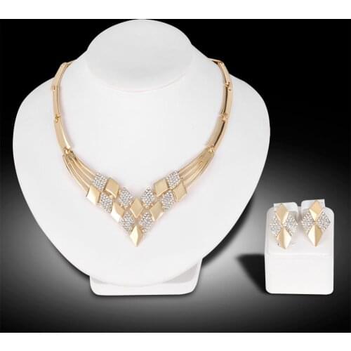 Fashion Gold Color Alloy Rhinestone Rhombus Shape Wedding Jewelry Set Necklace Earrings For Women Bridal Rhinestones Jewelry Set