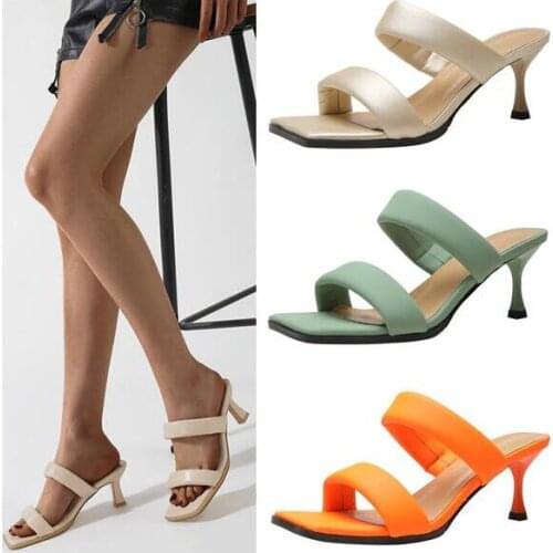 Summer Ladys Orange Green Nude Soft Leather 6 cm Heels Slippers Sandals Woman Double One Line Slip On Sweet Slides Mules Shoes