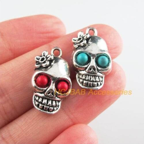Fashion 12Pcs New Halloween Charms Tibetan Silver Tone Red & Blue Stone Flower Skull Pendants 13x22mm